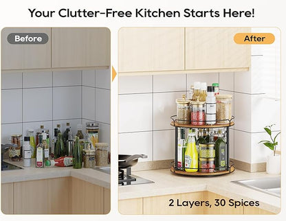 12.4" Lazy Susan Organizer 2 Tier, Rotating Spice Rack, Wooden Spinning Spice Holder for Inside Cabinet, Pantry, Kitchen, Countertop, Bathroom and Vanity, Versatile Storage