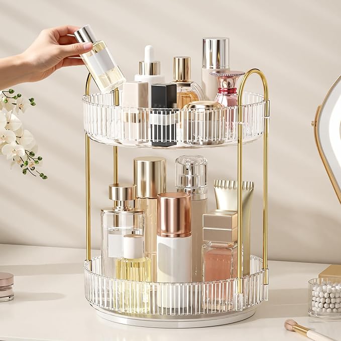 Oifecsie 360° Rotating Makeup Organizer, Large Capacity SkinCare Organizer, 2 Tier Cosmetic Skin Care Perfume Dresser Organizer, Fits Cosmetics, Perfume, Skin Care, Lipstick