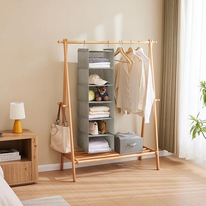 MAX Houser 6 Tier Shelf Hanging Closet Organizer, Closet Hanging Shelf with 2 Sturdy Hooks for Storage, Foldable (Light Grey)