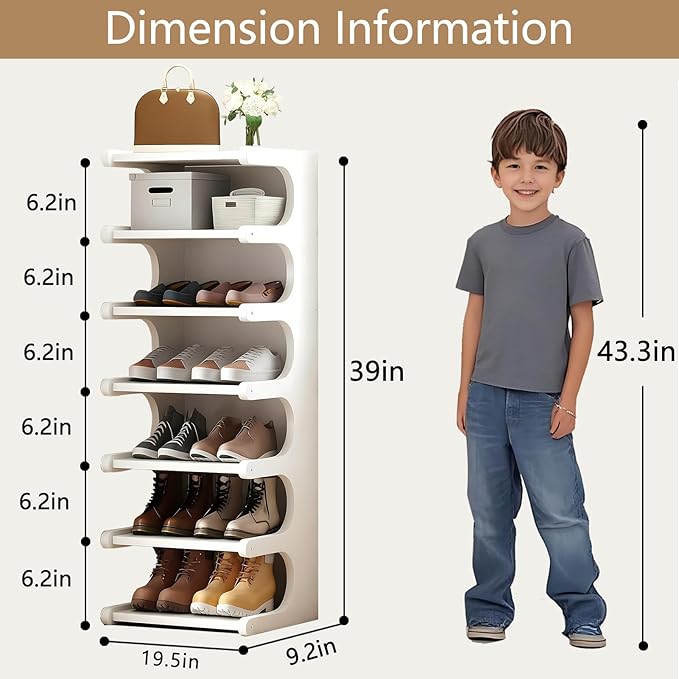 Vertical Shoe Rack 7 Tier, Bamboo Narrow Shoe Rack for Small Spaces, Freestanding Shoe Storage Organizer for Entryway Closet, Space Saving Skinny Shoe Shelf