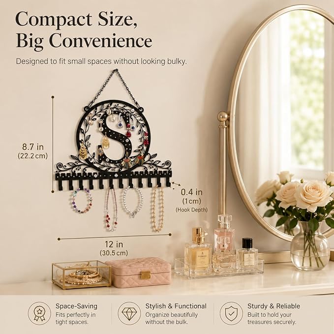 Wall-Mounted Metal Initial Letter S Earring Holder Hanging Jewelry Organizer for Earrings and Necklaces Space-Saving Wall Display with Hooks for Jewelry Storage