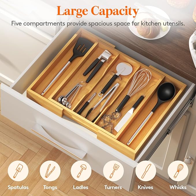 Lifewit Utensil Organizer for Kitchen Drawer, Expandable Cooking Utensil Tray, Cutlery Silverware Flatware Holder, Wood Adjustable Spatula Tools Storage Divider, 13-22x15/ 33-56x38cm, Natural