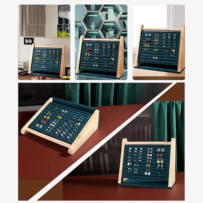 Vertical Solid Wooden Jewelry Storage Stand Large Capacity Hanging Organizer Display Board Rack with 10 Strip Slots for Chest Pin Earrings Jewelry Ring Small Ornament (Dark Green)