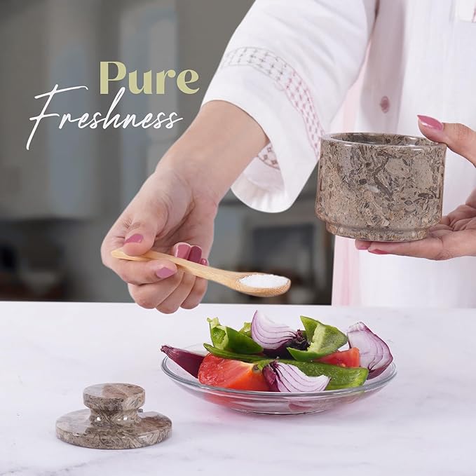 MARBLOUS KRAFTS Marble Salt Cellar with Lid 3" Oceanic Flaky Salt Bowl Kitchen Countertop Storage, Perfect for Small Spice Jar and Sugar Bowl