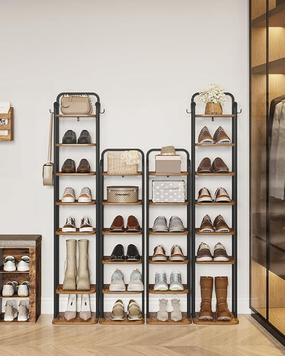 Hzuaneri 8 Tiers Vertical Shoe Rack, Narrow Shoe Tower, Tall Shoes Shelf with 2 Hooks, Adjustable Shelves, Corner Shoes Shelves for Small Spaces, Entryway, Living Room, Rustic Brown SR04301B