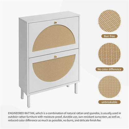 ZeHuoGe Rattan Shoe Cabinet with 2 Flip Drawers, White Shoe Shelf Organizer with Circle Rattan Doors, Entryway Narrow Storage Cabinet for Heels,Slippers(White)