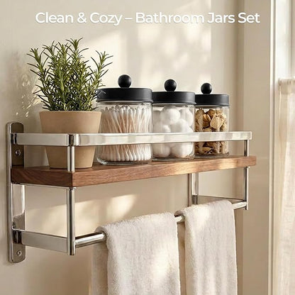 Amolliar Apothecary Jars Bathroom Vanity Organizer -Countertop Canister Jar with Storage Lid - Qtip Dispenser Holder Glass for Qtips,Cotton Swabs,Makeup Sponges,Hair Band- Black (1 Pack)