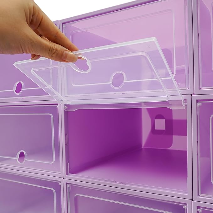 24 Pack Stackable Shoe Boxes with Clear Lids - Foldable Shoe Storage Organizer for Closet Cabinet, Color Options for Sneakers Flats Home Organization (Purple)
