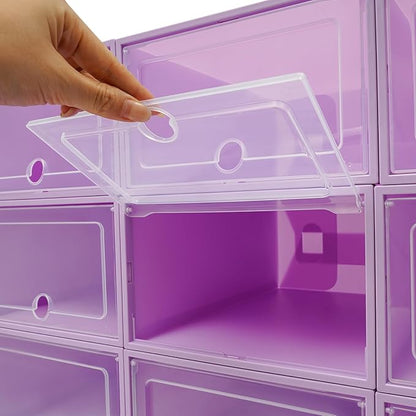 24 Pack Stackable Shoe Boxes with Clear Lids - Foldable Shoe Storage Organizer for Closet Cabinet, Color Options for Sneakers Flats Home Organization (Purple)