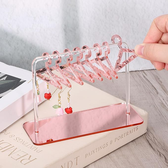 Acrylic Earring Holder, 6 × 4.6 Inch Coat Hanger Stud Earring Organizer Small Fun Jewelry Display for Home Earrings Storage Retail Show Marketing (Pink)