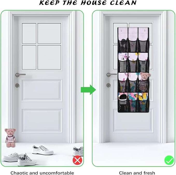 Butterfly Over the Door Shoe Organizer,Hanging Storage Bags with 12 Mesh Large Pockets,Behind Door Shoes Hang Holder Rack