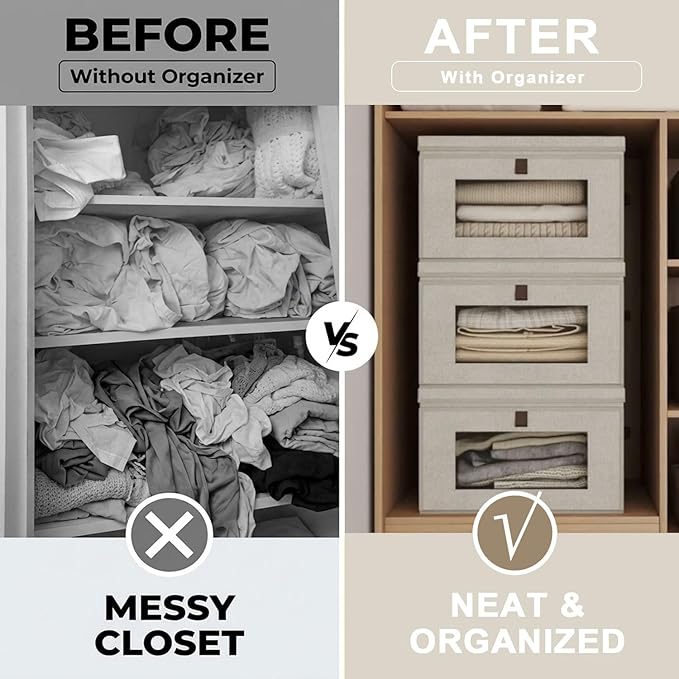35L Large Closet Organizers and Storage Bins 2-Pack, Collapsible Fabric Storage Boxes with Lids and Handles, Front Opening Wardrobe Container with Clear Window for Clothes, Blankets, Living Room, Dorm