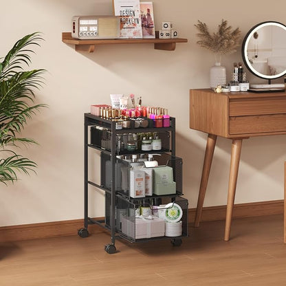 JKsmart Rolling Makeup Cart Organizer with 3 Drawers, Cosmetics Display with Dividers, Floor Skincare Storage with Wheels, Versatile Vanity Organizer for Nail Polish Perfume Brush Hair Tool, Black