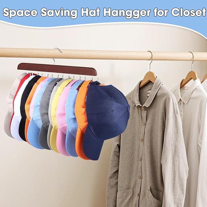 Hat Hangers for Closet, 2 Pack Hat Organizer for Baseball Caps with 14 Hooks Space Saving Hat Racks Ball Caps Hat Holder Organizer Tie Belt Hanger for Closet Storage Solution (Brown)