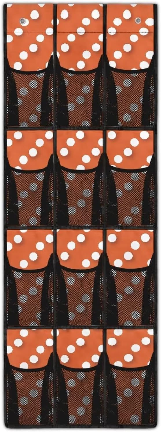 Extra Large 12-Pocket Storage Hanging Bag for Behind The Door, Heavy Duty Oxford Fabric, Waterproof Lightweight and Space-Saving Organizer for Home Use, Dots Print Orange