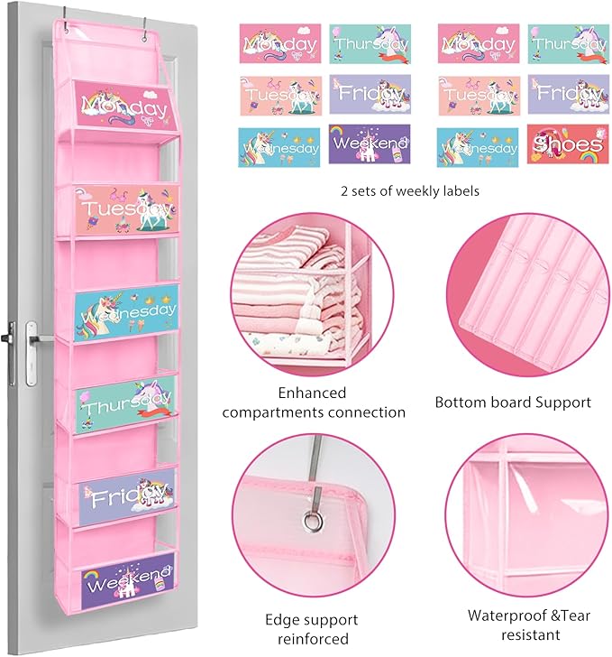 2 Pcs 6-Shelf Weekly Clothes Organizer for Kids Daily Hanging Closet Organizer with 2 Sets Week Day Stickers Foldable Days of The Week Behind Door Hanging Storage Shelves