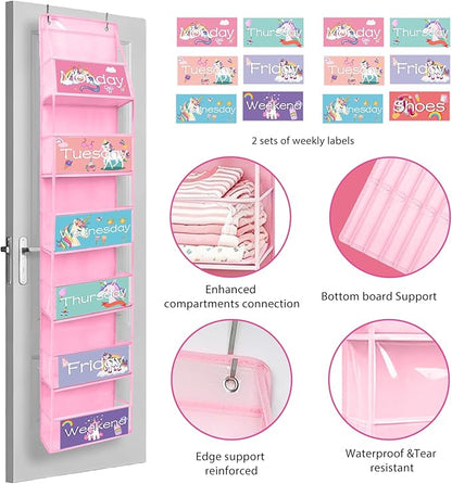 2 Pcs 6-Shelf Weekly Clothes Organizer for Kids Daily Hanging Closet Organizer with 2 Sets Week Day Stickers Foldable Days of The Week Behind Door Hanging Storage Shelves