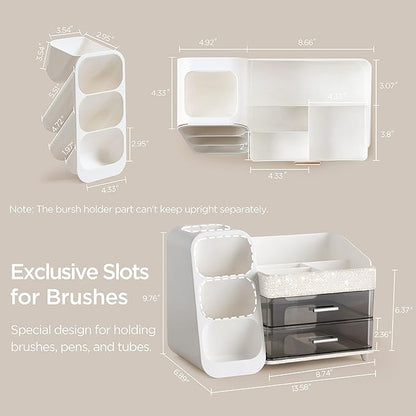 HBlife Makeup Organizer with Brush Holder for Vanity, Large Plastic Bathroom Countertop Organizer Skin Care Storage, Easy to Store Lipsticks, Nail Polishes, Perfumes, Eyeshadow Palettes, Pearl White