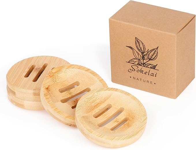 Bamboo Soap Dish for Bar Soap in Shower 4PCS, Wooden Round Holders Self-Draining Tray for Shampoo Conditioner Bars Holder, Travel Soap Saver Case for Bathroom, Kitchen Sink, Bath Tub, Razor Sponges