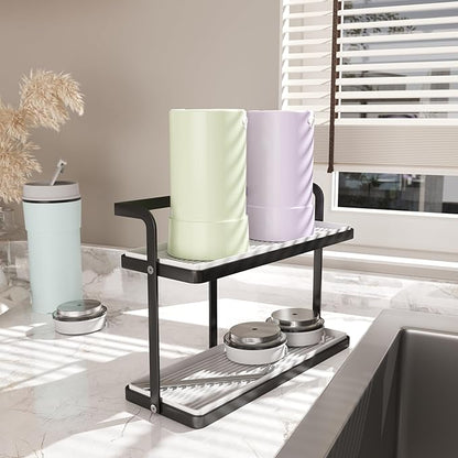 Bathroom Countertop Organizer for Small Spaces, 2-Tier Makeup Shelf with Vanity Tray, Tool-Less Installation Skincare & Perfume Organizer, Non-Slip Design for Dresser（White&Black） (Black)