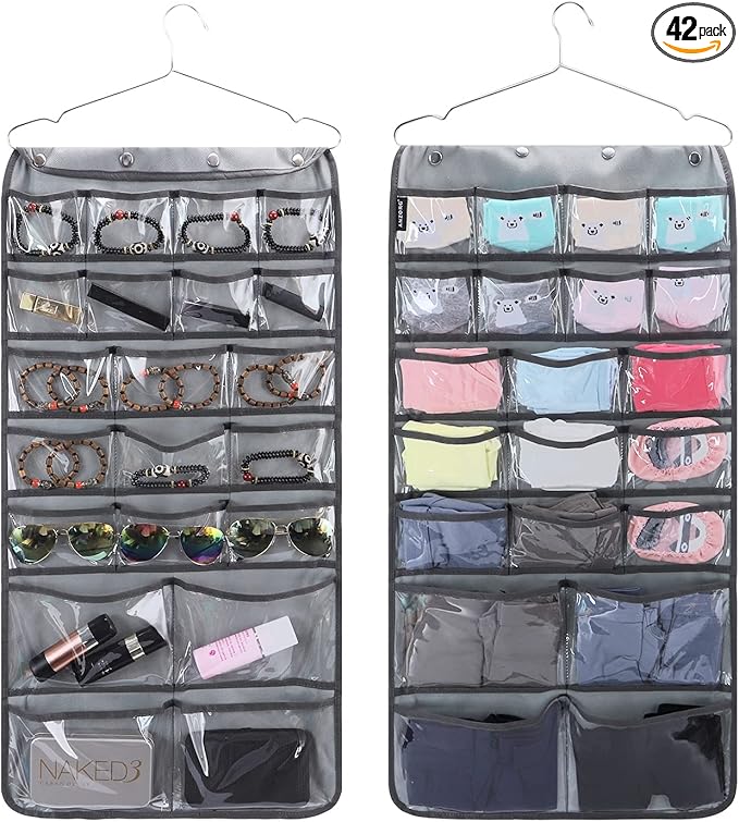 Dual Sided Hanging Organizer for Jewelry Makeup Storage Closet Organizers for Bows Socks Underwear with 42 Clear Pockets (GREY)