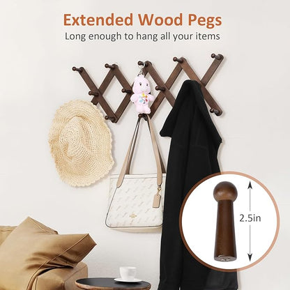 Accordion Wall Hanger, Hat Rack for Wall with 14 Coat Hooks, Expandable Hat Hangers Organizer, Vintage Decorative Coat Rack Wall Mount for Purse, Mug (Brown)