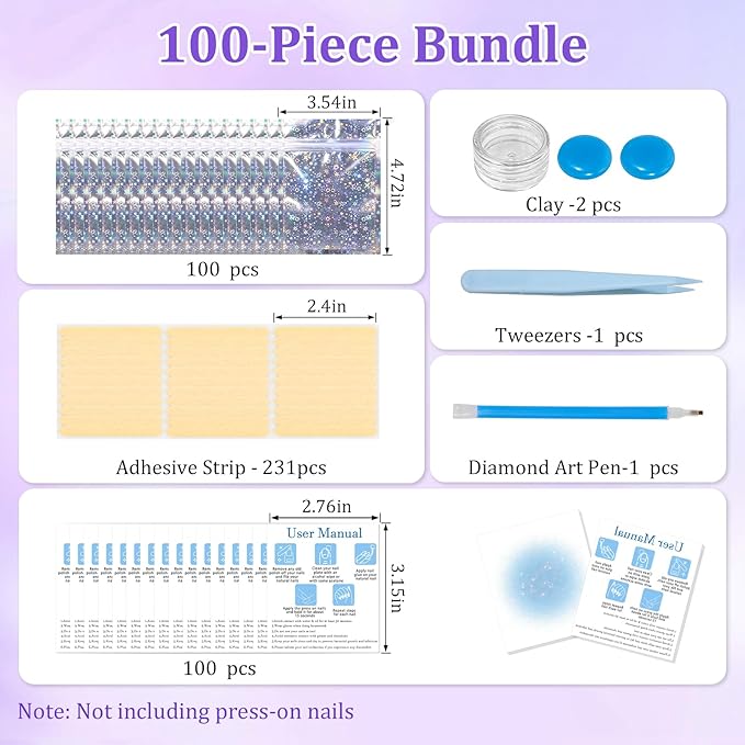100PCS Press on Nail Packaging Bag, 100PCS Display Card with 231 Pcs Pre-cut Adhesive Tape & Diamond Art Pens & Glue Clay & Tweezers, 6-in-1 Set for Nail Display (Laser star)