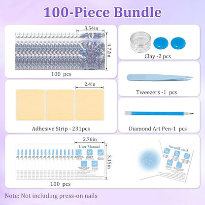 100PCS Press on Nail Packaging Bag, 100PCS Display Card with 231 Pcs Pre-cut Adhesive Tape & Diamond Art Pens & Glue Clay & Tweezers, 6-in-1 Set for Nail Display (Laser star)