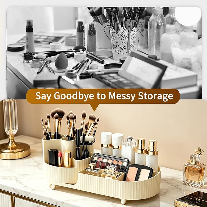 Makeup Organizer with 360° Rotating Brush Holder Cosmetic Storage for Cosmetics, Skincare, Perfume, Bathroom Vanity Desktop Organizer, Lotions Display Case (Cream)