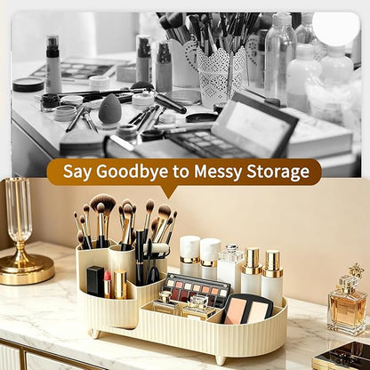 Makeup Organizer with 360° Rotating Brush Holder Cosmetic Storage for Cosmetics, Skincare, Perfume, Bathroom Vanity Desktop Organizer, Lotions Display Case (Cream)