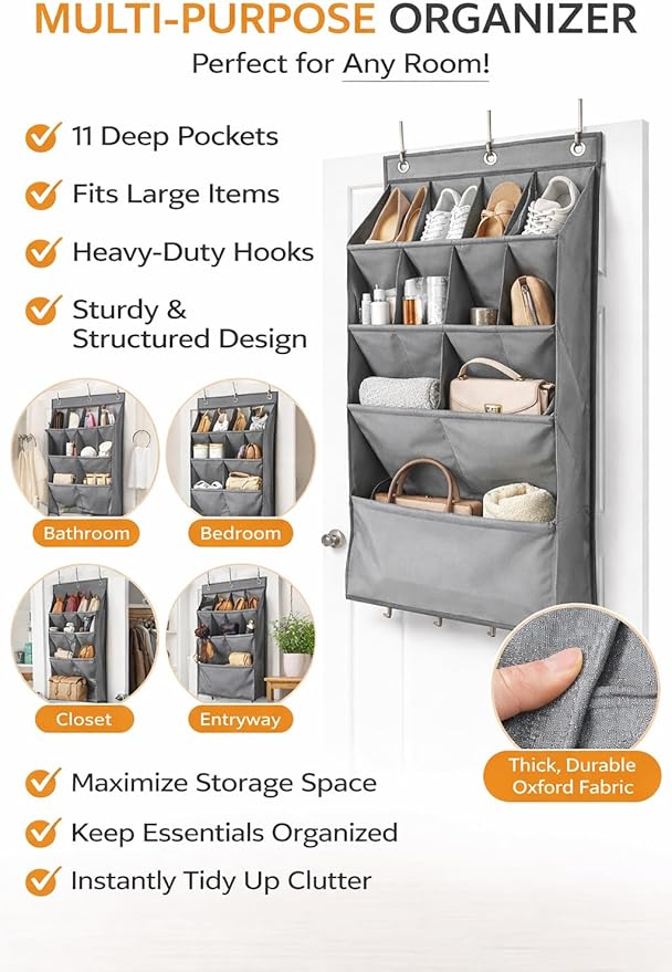 Over the Door Shoe Organizer, Hanging Closet Organizer with Deep Pockets, 900D Oxford Fabric, Heavy-Duty Hooks, Space Saving Storage for Shoes, Bags, Accessories – Gray, 15 Pockets