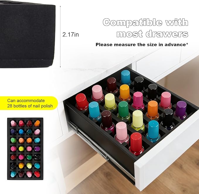 Nail Polish Drawer Organizer, Holder Foam Pad with Slots for Storage 28 Bottles Nail Polish or Essential Oil for Counter Vanity Dresser Desk Drawer, Black