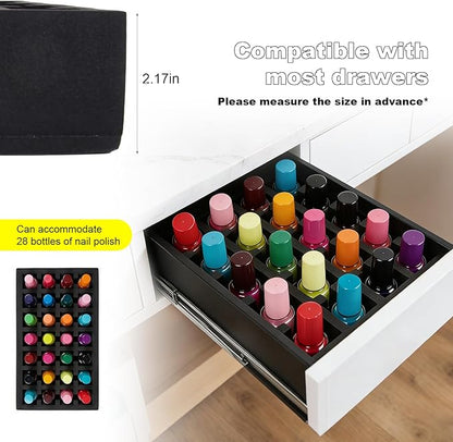 Nail Polish Drawer Organizer, Holder Foam Pad with Slots for Storage 28 Bottles Nail Polish or Essential Oil for Counter Vanity Dresser Desk Drawer, Black