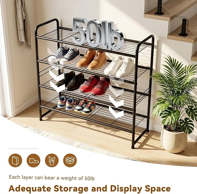 Standard Shoe Rack 4-Tier 32.5 Inches Wide, Free Standing Shoe Organizer for Indoor Outdoor | Adjustable Heavy-Duty Metal Shelf Ideal for Home Entryway Closet & Garage Balcony | Black