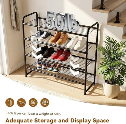 Standard Shoe Rack 4-Tier 32.5 Inches Wide, Free Standing Shoe Organizer for Indoor Outdoor | Adjustable Heavy-Duty Metal Shelf Ideal for Home Entryway Closet & Garage Balcony | Black