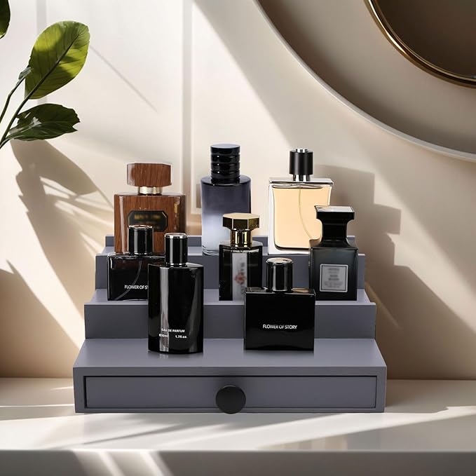 3 Tier Cologne Organizer for Men - Wooden Cologne Perfume Display Stand with Drawer and Hidden Compartment, Mens Cologne Rack Holder Shelf for Organizing and Storing