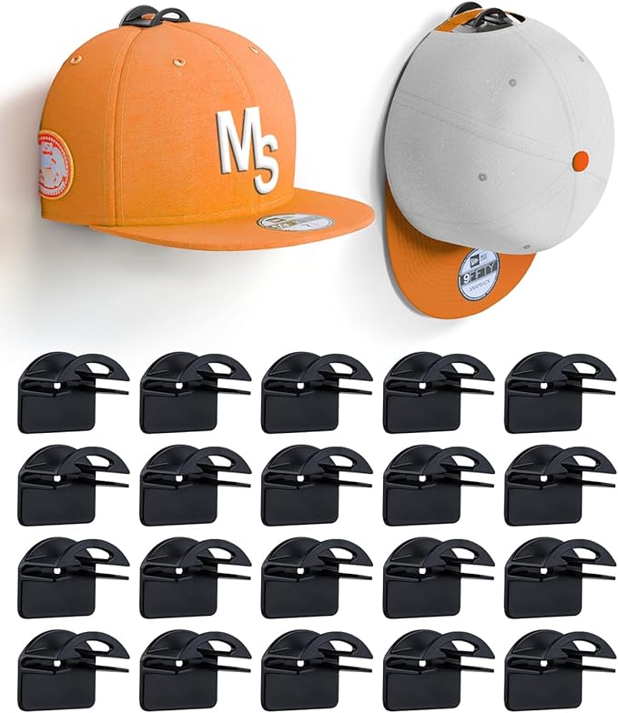 Adhesive Hat Hooks for Wall, Baseball Caps Strong Holdr, Ball Cap Hanger Wall Mount, Hat Display Rack, Hat Organizer Accessories, Black 20-Pack
