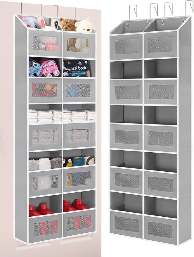 Over the Door Organizer Hanging- 10 Compartments, 80 lbs Load Behind Door Stuffed Animal Storage, Extra Large Toys Storage Organization for Bedroom, Bathroom, Closet, Nursery, Shoes, Diaper (grey)
