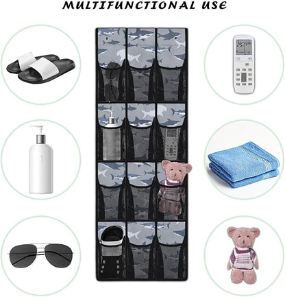 Over The Door Storage Bag with 12-Pockets, Oxford Material Waterproof Lightweight and Perfect for Organizing Bathroom Bedroom or Kitchen Essentials, Shark Pattern