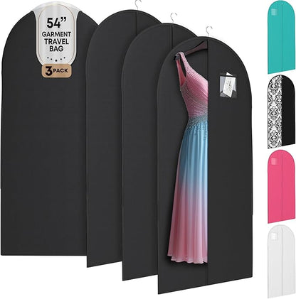 Luxury On the Go Black Suit Bag, Dress, and Travel Gown Garment Bags – 54" Hanging Garment Bag with Clear ID Window – Lightweight & Tear-Resistant – 3 Pack for Dresses, Prom, Evening Gown
