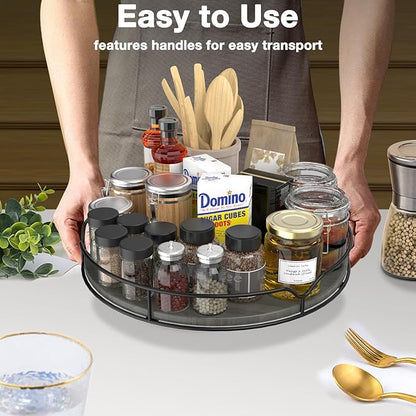 Lazy Susan Turntable Organizer with Anti-Slip Mat for Cabinet Pantry Kitchen Countertop Refrigerator Office, Pine Wood, 12", Grey…