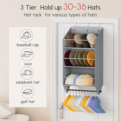 Homsorout Over the Door Hat Rack - 3-Layer Design Hat Organizer Holds 30-36 Hats with 10 Hooks, Ideal Hat Rack for Door, Over the Door Organizer for Closet, Apartment, Bedroom, Dorm, 2 Pack, Grey