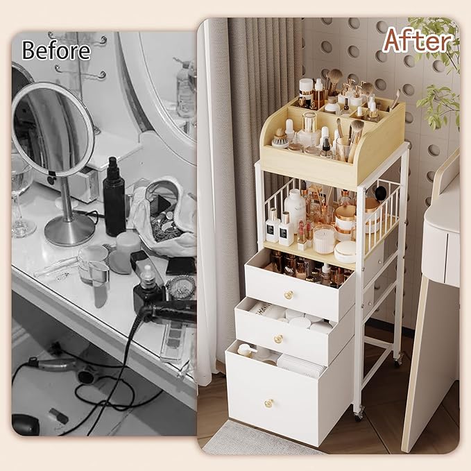 Makeup Organizer Cart with Drawers, Make up Organizers for Vanity, Floor Skincare Organizers- for Cosmetics, Nail Polish, Art Supply, Bathroom Vanity Desktop Organizer (White)