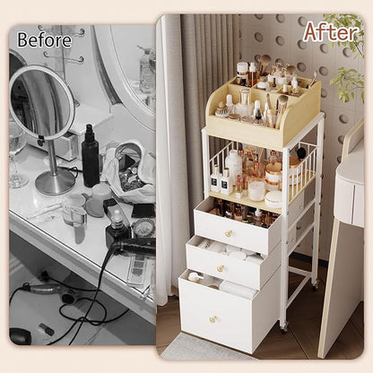 Makeup Organizer Cart with Drawers, Make up Organizers for Vanity, Floor Skincare Organizers- for Cosmetics, Nail Polish, Art Supply, Bathroom Vanity Desktop Organizer (White)