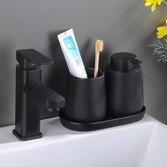 Matte Black Round Soap Dispenser Tray - 8'' Ceramic Vanity Tray for Bathroom Decorative, Jewelry Ring Dish, Comestic Holder, Kitchen Sink Countertop Organizer Plate