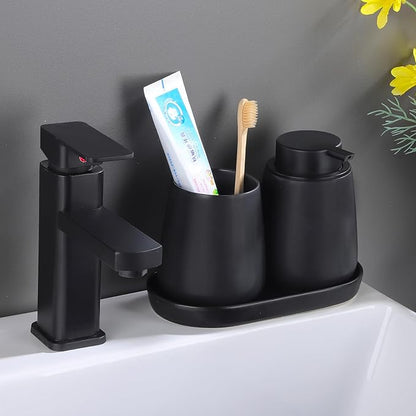 Matte Black Round Soap Dispenser Tray - 8'' Ceramic Vanity Tray for Bathroom Decorative, Jewelry Ring Dish, Comestic Holder, Kitchen Sink Countertop Organizer Plate