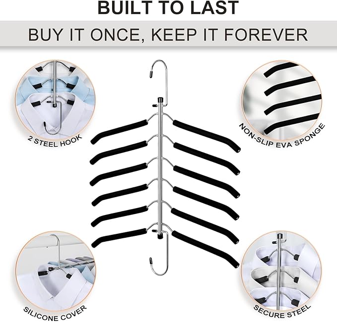 TOPIA HANGER Clothes Hanger Space Saving, 6 Tier Shirt Coat Hangers Space Saving No Bump Shoulder Hangers with No Slip Foam Padded Hangers Organizers and Storage for Men and Women 4 Pack-CT65B