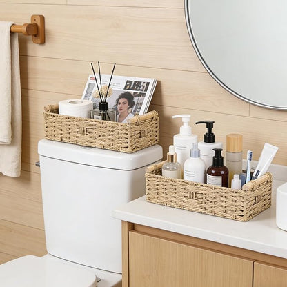 Bathroom Basket for Toilet Tank Top - Beige Toilet Paper Basket with Handles, Paper Rope Back of Toilet Tank Baskets for Counter, Shelves, Countertop, Boho Bathroom Decor 2 PCS