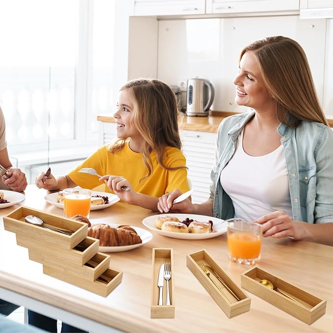 4 Pcs Bamboo Drawer Organizer Stackable Utensil Organizer for Kitchen Bamboo Storage Box Wood Silverware Tray for Drawer, Dresser, Bathroom 12" x 3" x 2"