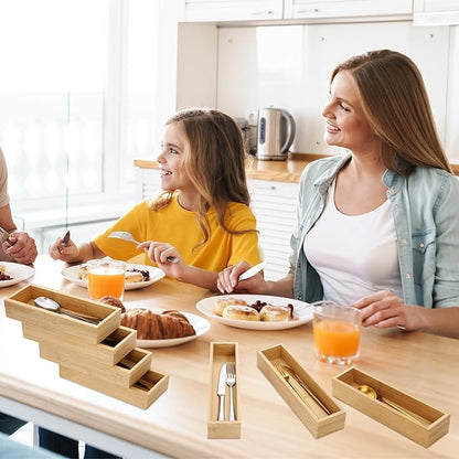 4 Pcs Bamboo Drawer Organizer Stackable Utensil Organizer for Kitchen Bamboo Storage Box Wood Silverware Tray for Drawer, Dresser, Bathroom 12" x 3" x 2"